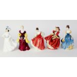 FIVE ROYAL DOULTON CHINA CRINOLINE FIGURES, comprising: TOP O? THE HILL, HN1834, FAIR LADY (RED),