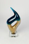 MURANO BLUE, GILT AND CLEAR CASED GLASS SCULPTURE, on a clear, square base, chipped, 12? (30.5cm)