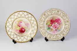 TWO ROYAL DOULTON CHINA CABINET PLATES, each with gilt borders and centres hand painted with