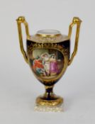 MEISSEN LATE 19th CENTURY PORCELAIN TWO HANDLED URN SHAPED VASE, on short stewm, circular socle