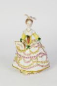 PROBABLY 19th CENTURY PARIS PORCELAIN REGENCY FIGURE OF A LADY, in a décolleté crinoline dress,