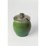 PILKINGTONS ROYAL LANCASTRIAN FOR LIBERTY, MOTTLED GREEN GLAZED POTTERY PRESERVE JAR WITH