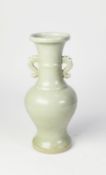 CHINESE LATE QING/REPUBLIC PERIOD ARCHAISTIC STYLE CELADON GLAZED PORCELAIN TWO HANDLED VASE,