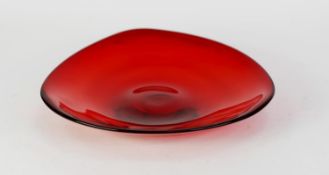 WHITEFRIARS STYLISH RED GLASS BOWL, of shallow, triangular form, 13? (33cm) wide C/R- light