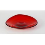 WHITEFRIARS STYLISH RED GLASS BOWL, of shallow, triangular form, 13? (33cm) wide C/R- light