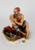 MODERN CAPODIMONTE PAINTED BISQUE PORCELAIN FIGURE OF A FISHERMAN, modelled seated, smoking a