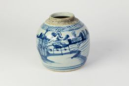 19th CENTURY ORIENTAL PORCELAIN BLUE AND WHITE GINGER JAR (cover absent), 6 1/4in (16cm) high