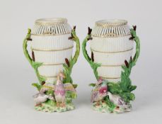 PAIR OF CHELSEA DERBY STYLE RETICULATED EEL-TRAP VASES, with bullrush pattern handles, two ducks