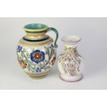 ITALIAN, HAND PAINTED MAIOLICA POTTERY LARGE JUG, of oviform, painted with flower heads and