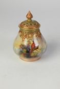 EARLY TWENTIETH CENTURY ROYAL WORCESTER HAND PAINTED CHINA POT POURRI VASE AND COVER SIGNED F.J.