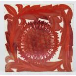 WILLIAM DE MORGAN STYLE RED LUSTRE GLAZED POTTERY TILE, decorate with a sunflower head, enclosed by