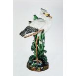 PROBABLY MINTON, STORK PAINTED MOULDED MAJOLICA POTTERY STICK STAND, modelled standing on one leg in