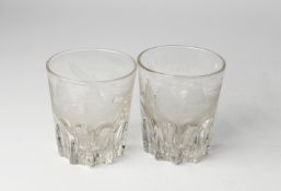 PAIR OF VICTORIAN ENGRAVED GLASS COMMEMORATIVE RUMMERS, each wheel cut with a three masted sailing