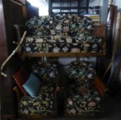 A BERGERE THREE PIECE SUITE, COMPRISING; A SETTEE AND TWO ARMCHAIRS, ALL HAVING WICKER ARMS AND