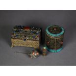 FOUR PIECES OF GLASS AND POLISHED HARDSTONE MOUNTED GILT METAL, comprising: DOME TOP CASKET, 3? (7.