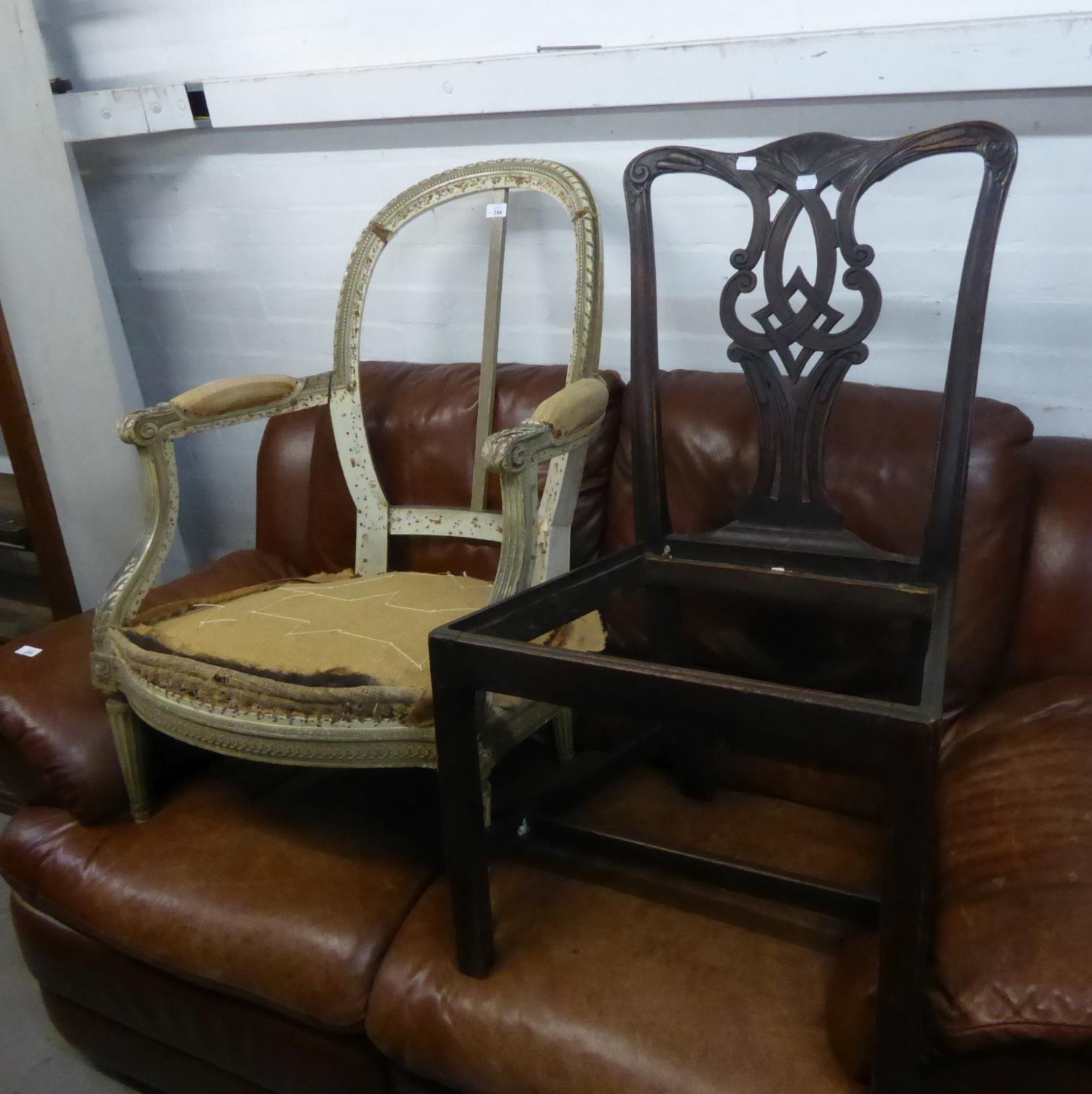 LATE NINETEENTH/EARLY TWENTIETH CENTURY AND         PAINTED WOOD ARMCHAIR, FORMERLY WITH UPHOLSTERED