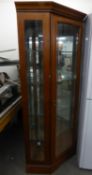 A MAHOGANY CORNER DISPLAY CABINET, WITH FULL-HEIGHT BEVELLED PLATE GLASS PANEL DOOR AND SIDE PANELS,