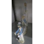 LLADRO, SPAIN CHINA FIGURE OF A SEATED GIRL WITH FLOWERS, 9" (22.8cm)  HIGH; ANOTHER OF A TALL