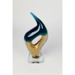 MURANO BLUE, GILT AND CLEAR CASED GLASS SCULPTURE, on a clear, square base, chipped, 12? (30.5cm)