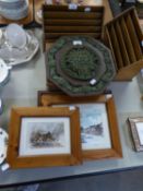AN OCTAGONAL WALL PLAQUE; A WATERCOLOUR DRAWING AND TWO SMALL COLOUR PRINTS (4)