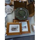 AN OCTAGONAL WALL PLAQUE; A WATERCOLOUR DRAWING AND TWO SMALL COLOUR PRINTS (4)