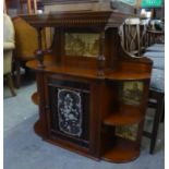 A MAHOGANY ORNATE SUPERSTRUCTURE WITH CANOPY TOP, CUPBOARD WITH RUBY GLASS PANEL ENGRAVED WITH