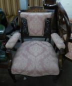 AN EDWARDIAN INLAID OPEN ARMCHAIR, HAVING OVERSTUFFED SEAT COVERED IN PINK FLORAL FABRIC, PART