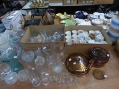 A SELECTION OF PLAIN GLASS WINES, TUMBLERS, MISC DOMESTIC CHINA AND GLASSWARES TO INCLUDE; GLASS