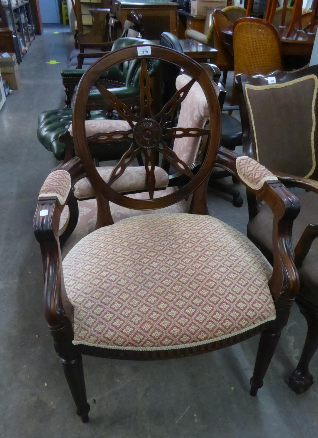 A MAHOGANY GEORGIAN STYLE OPEN ARMCHAIR, WITH CIRCULAR WHEEL PATTERN BACK