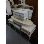 A WHITE PAINTED KNEEHOLE DRESSING TABLE, HAVING 3 DRAWERS AND MIRROR AND A DRESSING STOOL, WHITE