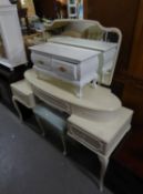 A WHITE PAINTED KNEEHOLE DRESSING TABLE, HAVING 3 DRAWERS AND MIRROR AND A DRESSING STOOL, WHITE