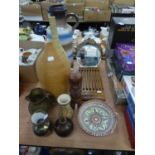 MIXED LOT TO INCLUDE; A LARGE WEST GERMAN HANDLED VASE, A STUDIO POTTERY SKITTLE SHAPED VASE,