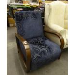 LAURA ASHLEY ART DECO STYLE OAK OPEN ARM EASY CHAIR, UPHOLSTERED AND COVERED IN BLUE SCROLL