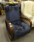 LAURA ASHLEY ART DECO STYLE OAK OPEN ARM EASY CHAIR, UPHOLSTERED AND COVERED IN BLUE SCROLL