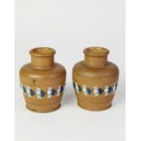 PAIR OF DOULTON LAMBETH SILICON WARE MOULDED POTTERY VASES, each of high shouldered form with