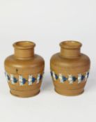 PAIR OF DOULTON LAMBETH SILICON WARE MOULDED POTTERY VASES, each of high shouldered form with