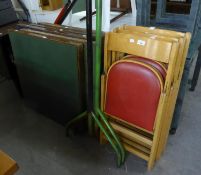 FIVE VARIOUS VONO CARD TABLES WITH PLUSH LINED TOPS, A SET OF THREE 'BENCHAIRS' CLASSIC BEECHWOOD