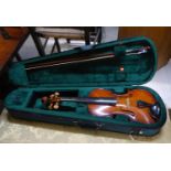 A MODERN VIOLIN WITH 14" BACK, BOW AND GREEN CANVAS ZIP CASE