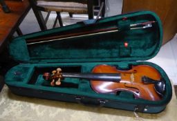 A MODERN VIOLIN WITH 14" BACK, BOW AND GREEN CANVAS ZIP CASE