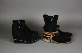 TWO PAIRS OF LADY?S BLACK SUEDE BOOTS, one pair marked size 39, the other pair appear slightly