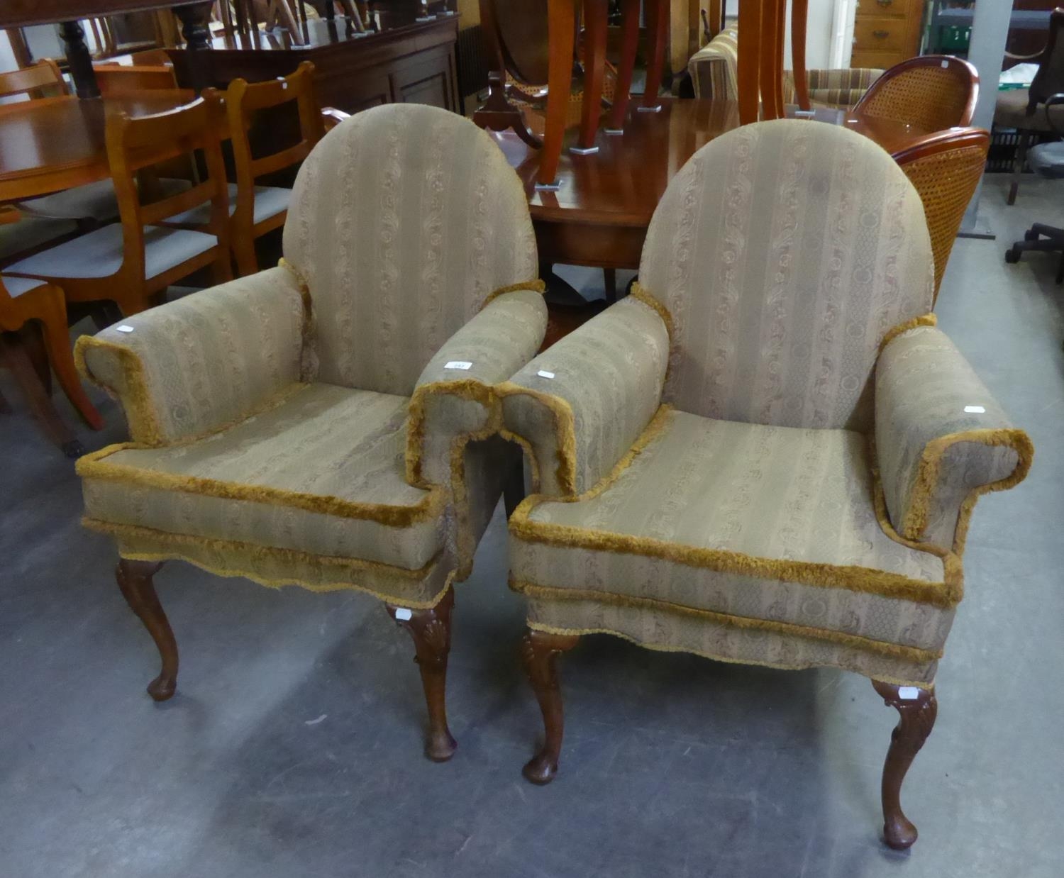 PAIR OF CIRCA 1920's EARLY GEORGIAN STYLE SMALL EASY ARMCHAIRS, WITH LOW RAISED ROUNDED BACKS ON