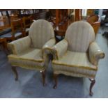 PAIR OF CIRCA 1920's EARLY GEORGIAN STYLE SMALL EASY ARMCHAIRS, WITH LOW RAISED ROUNDED BACKS ON