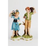 PAIR OF MODERN CAPODIMONTE PAINTED BISQUE PORCELAIN FIGURES, he modelled carrying a basket of grapes