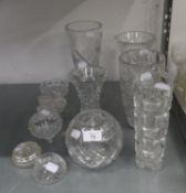 THREE GOOD SIZE CUT GLASS FLOWER VASES, WITH WHORL CUT DECORATION, AN ORBICULAR CUT GLASS VASE,