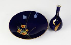 MODERN FUKAGAWA, JAPANESE PORCELAIN BOWL AND BOTTLE VASE, THE VASE, printed in colours and gilt with