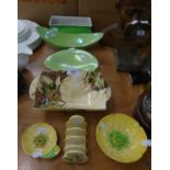 GRIMWADES ROYAL WINTON POTTERY RAISED OBLONG DISH WITH END TAB HANDLES, WITH POLYCHROME CENTRE