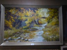 BRADLEY WARD (TWENTIETH CENTURY) OIL ON BOARD Tranquil river scene with stone bridge Signed and