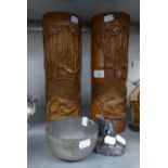 A PAIR OF CHINESE BAMBOO CYLINDRICAL LARGE VASES, CARVED WITH FIGURES AND BOATS, 14? HIGH; A