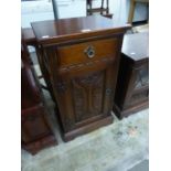 CARVED OAK BEDSIDE CUPBOARD WITH DRAWER ABOVE (OLD CHARM)