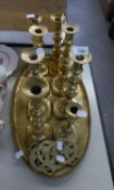 BRASS-WARES  - TO INCLUDE; OVAL TRAY, CANDLESTICKS AND HORSE BRASSES (13)